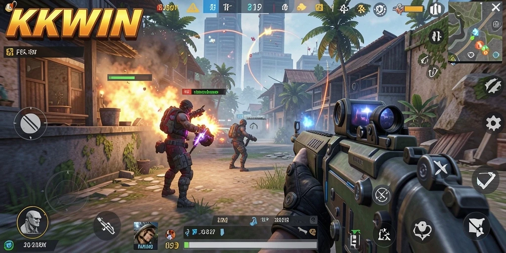 Tangkapan layar gameplay KKWIN yang menampilkan pertarungan FPS yang intens.