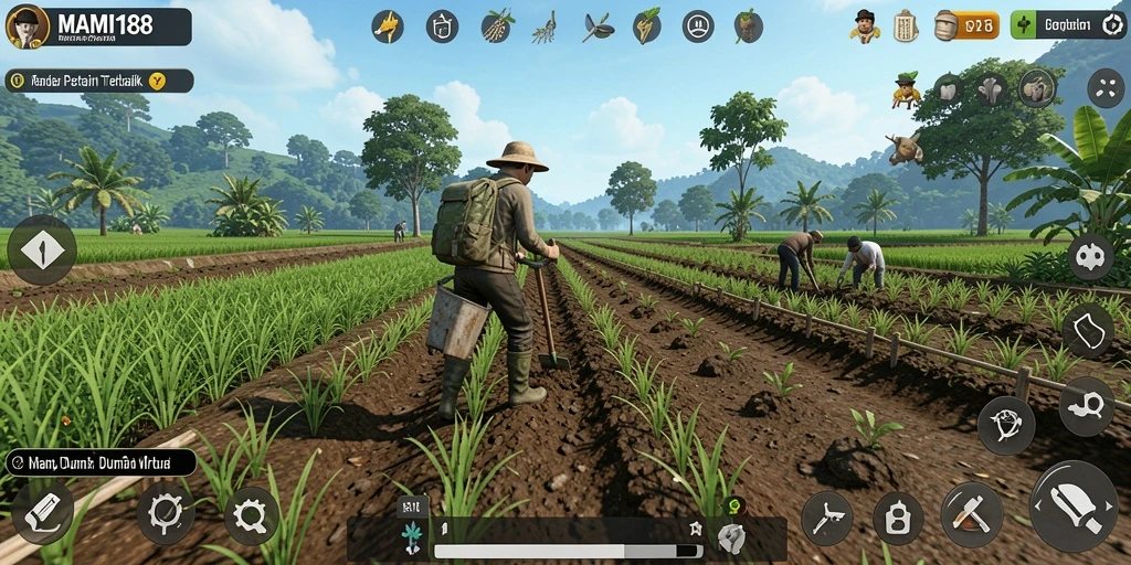 Screenshot gameplay MAMI188 yang menampilkan aktivitas bertani.